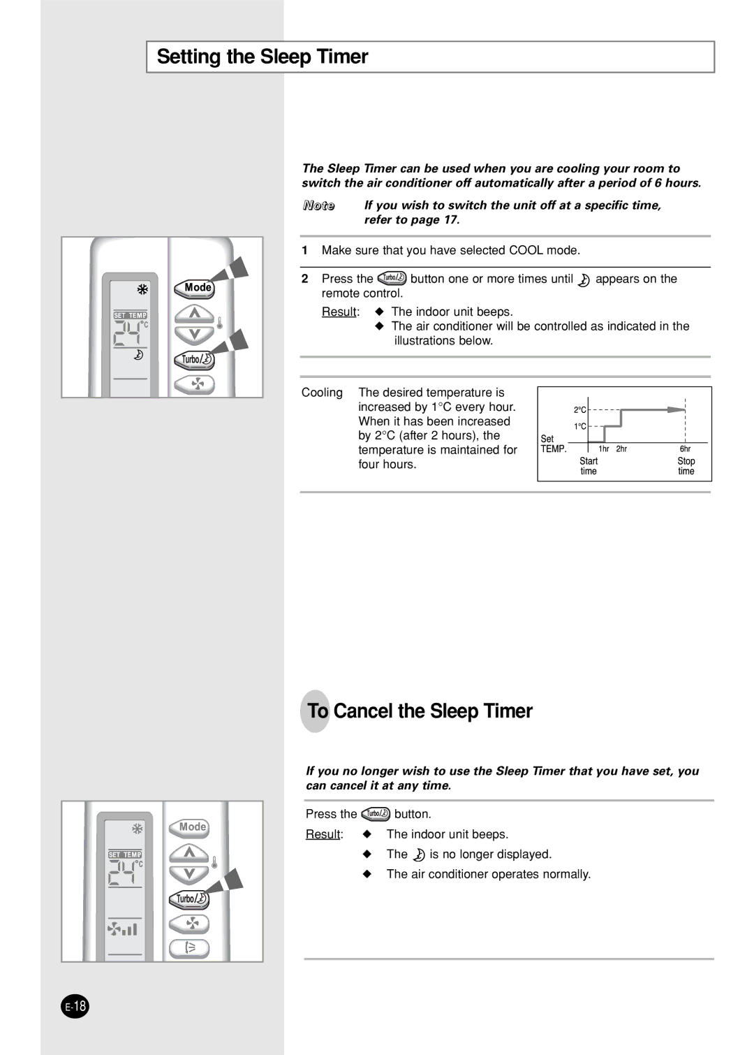 Samsung SC05ZZ8X/SER, SC05ZZ8/SER manual Setting the Sleep Timer, To Cancel the Sleep Timer 