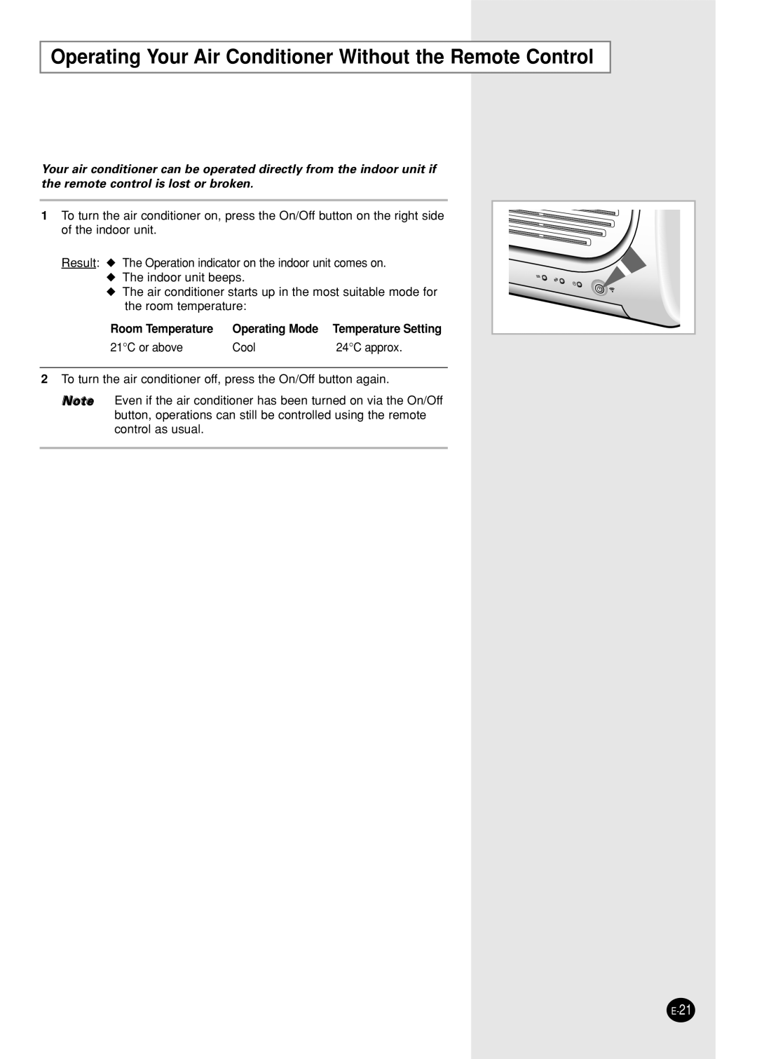 Samsung SC05ZZ8/SER manual Operating Your Air Conditioner Without the Remote Control, Room Temperature Operating Mode 