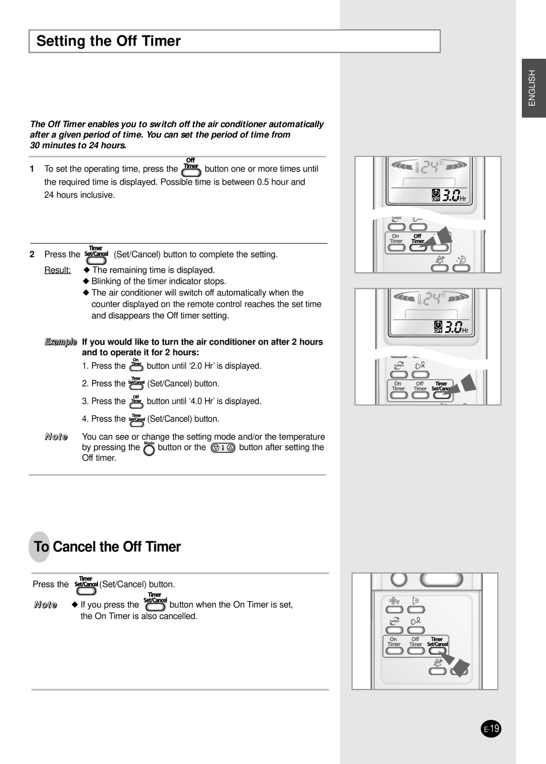 Samsung SC07APGAX, AS09P2GE/AFR manual Setting the Off Timer, To Cancel the Off Timer 