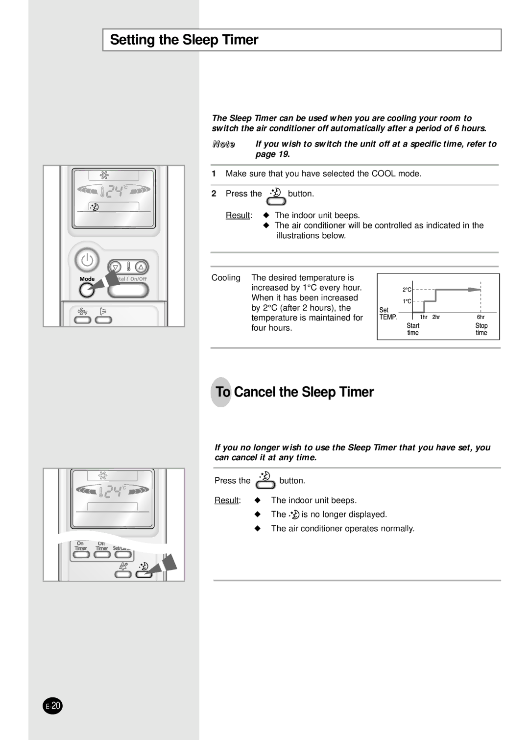 Samsung AS09P2GE/AFR, SC07APGAX manual Setting the Sleep Timer, To Cancel the Sleep Timer 