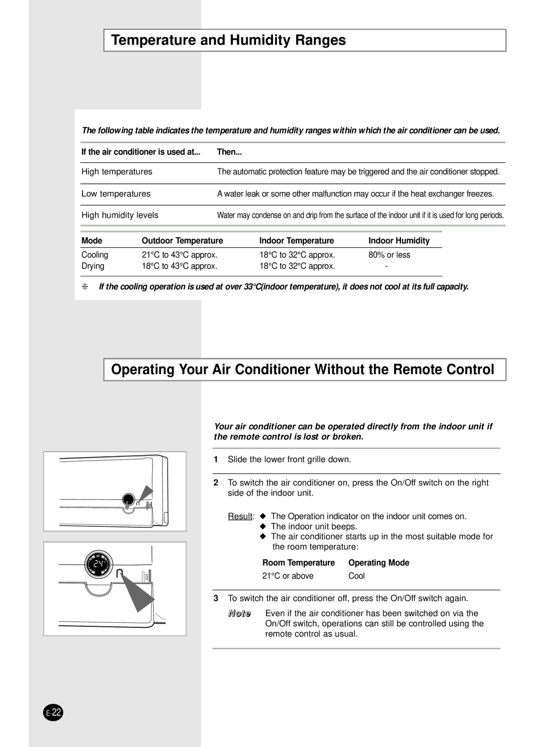 Samsung SC07APGAX manual Temperature and Humidity Ranges, Operating Your Air Conditioner Without the Remote Control 