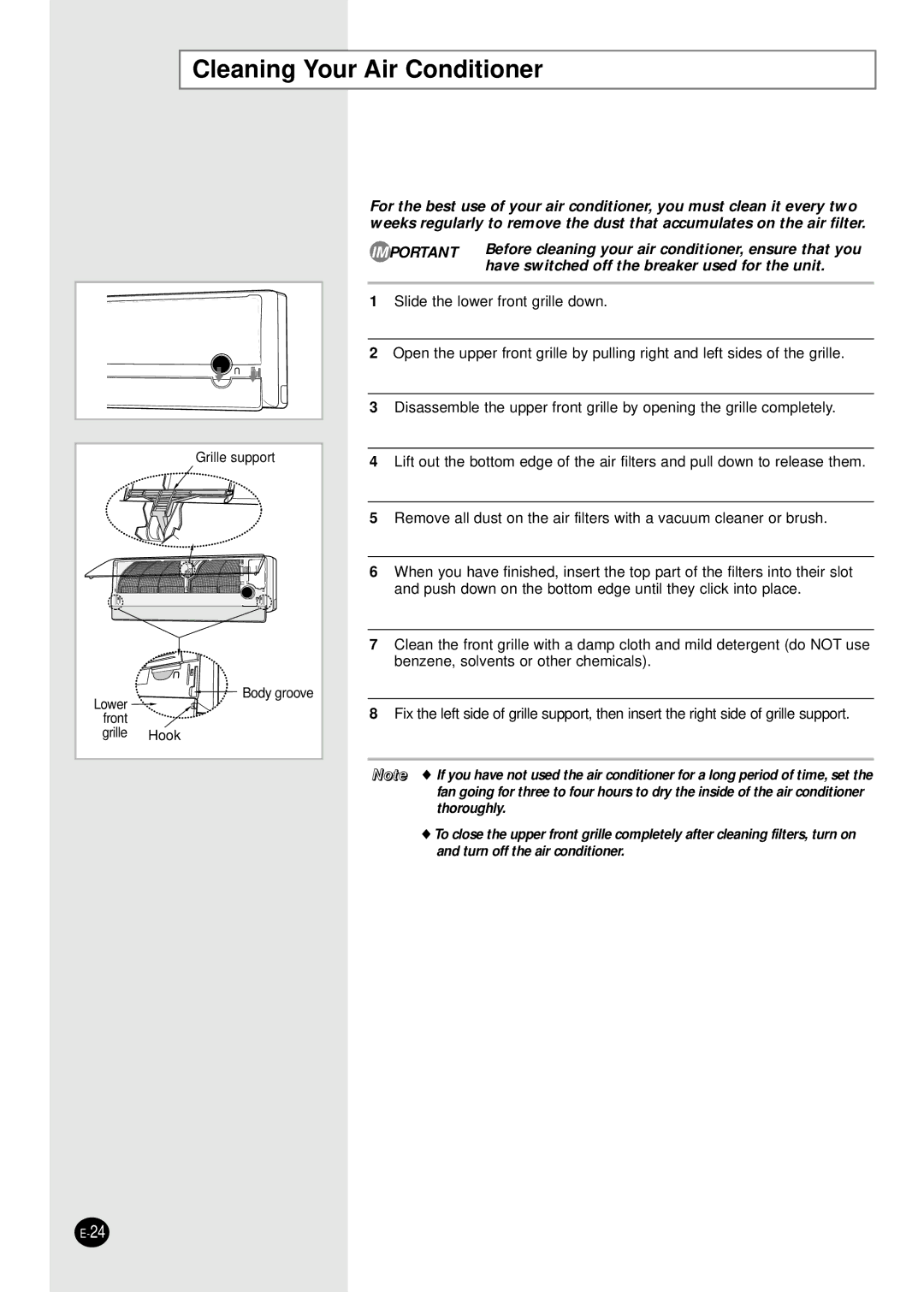 Samsung SC07APGAX, AS09P2GE/AFR manual Cleaning Your Air Conditioner 