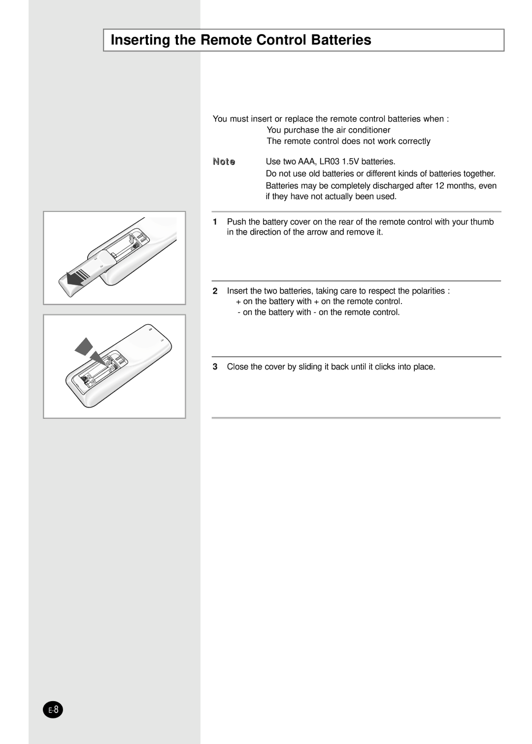 Samsung AS09P2GE/AFR, SC07APGAX manual Inserting the Remote Control Batteries 