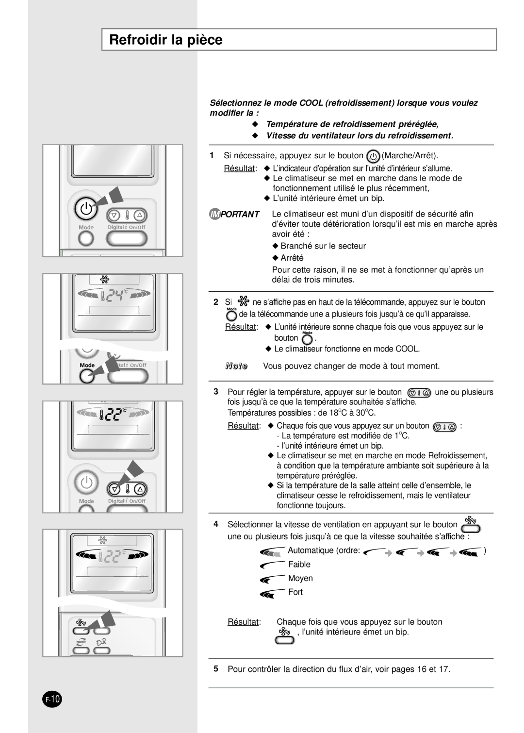 Samsung SC18AP0DX, SC12APGDX, SC09APGDX, SC07APGDX, SC24AP6 manual Refroidir la pièce 