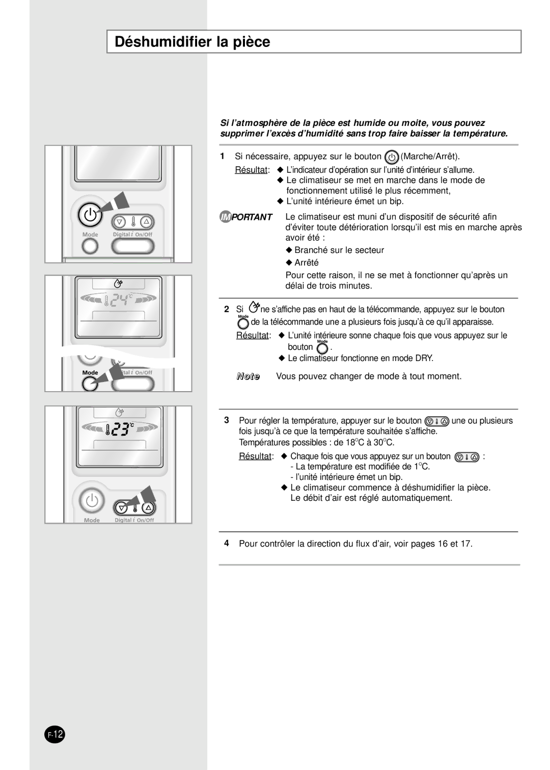 Samsung SC18AP0DX, SC12APGDX, SC09APGDX, SC07APGDX, SC24AP6 manual Déshumidifier la pièce 