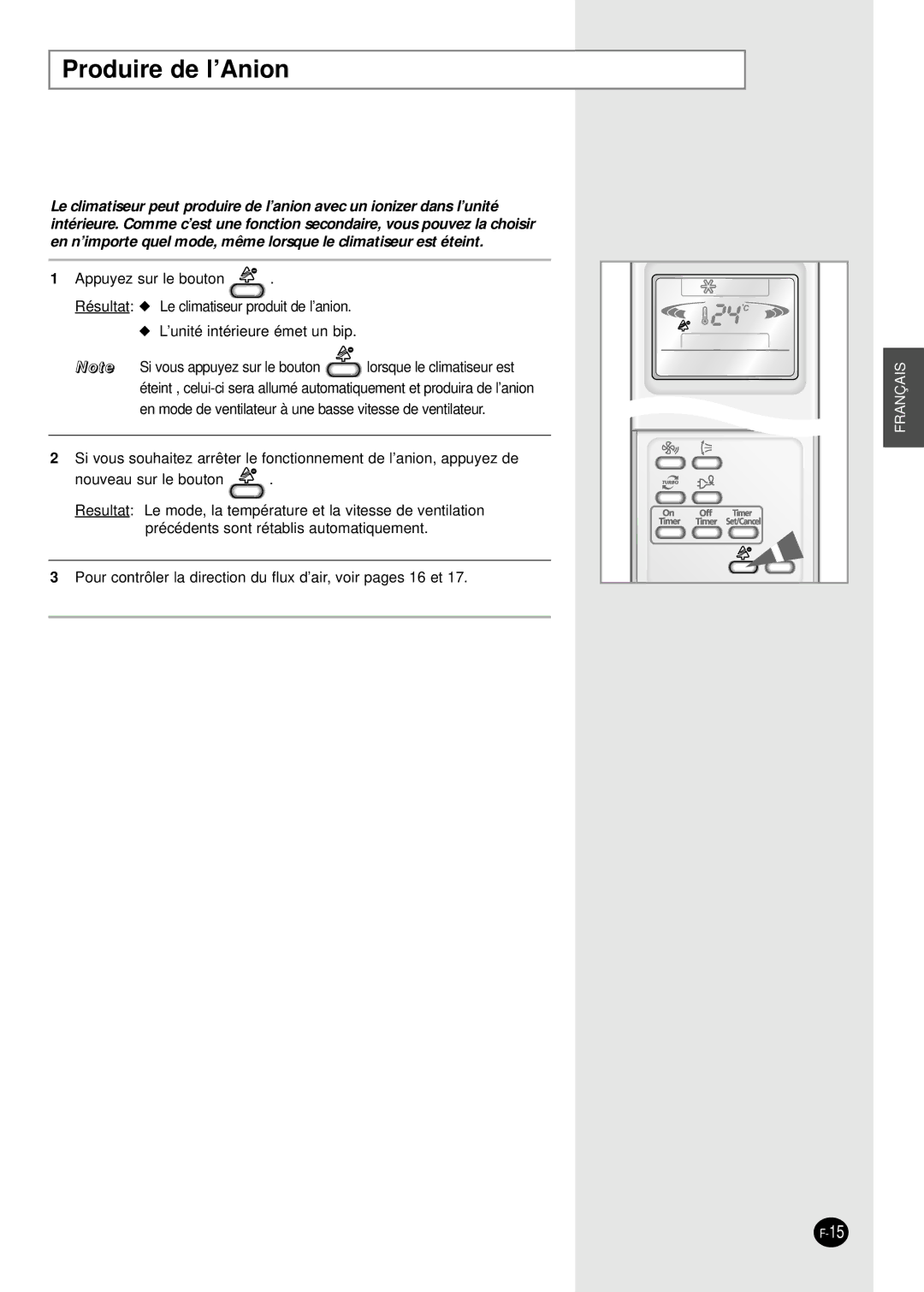 Samsung SC18AP0DX, SC12APGDX, SC09APGDX, SC07APGDX, SC24AP6 manual Produire de l’Anion 