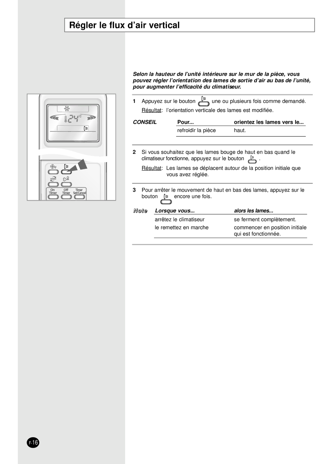 Samsung SC24AP6, SC18AP0DX, SC12APGDX, SC09APGDX, SC07APGDX manual Régler le flux d’air vertical, Conseil 