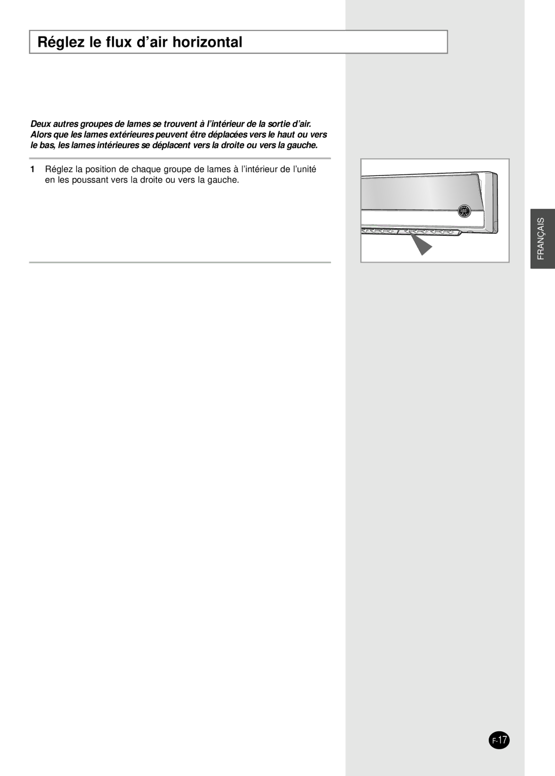 Samsung SC18AP0DX, SC12APGDX, SC09APGDX, SC07APGDX, SC24AP6 manual Réglez le flux d’air horizontal 