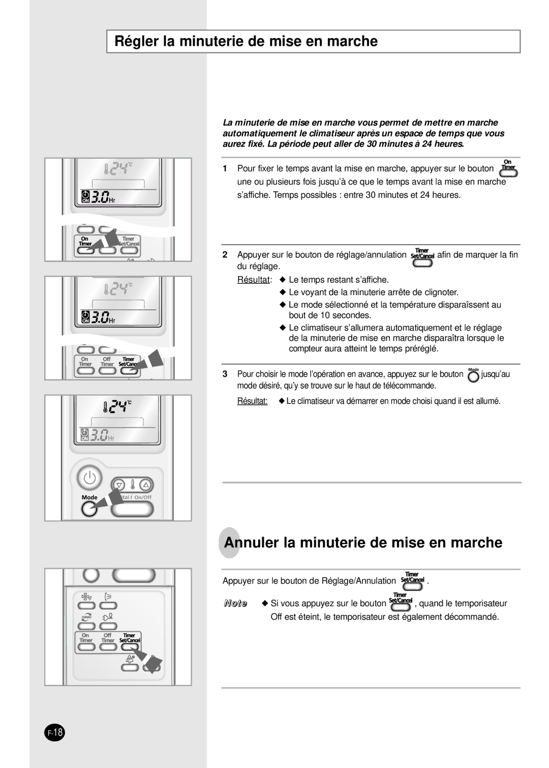 Samsung SC07APGD, SC18AP0DX, SC12APGDX manual Régler la minuterie de mise en marche, Annuler la minuterie de mise en marche 