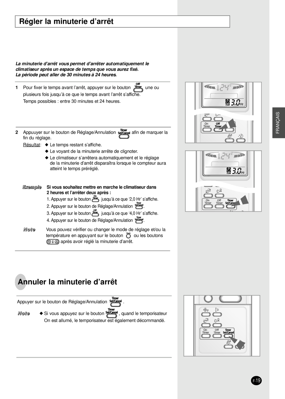 Samsung SC18AP0DX, SC12APGDX, SC09APGDX, SC07APGDX, SC24AP6 manual Régler la minuterie d’arrêt, Annuler la minuterie d’arrêt 