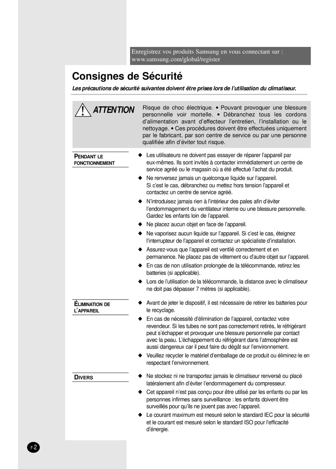 Samsung SC12APGDX, SC18AP0DX, SC09APGDX, SC07APGDX, SC24AP6 manual Consignes de Sécurité 