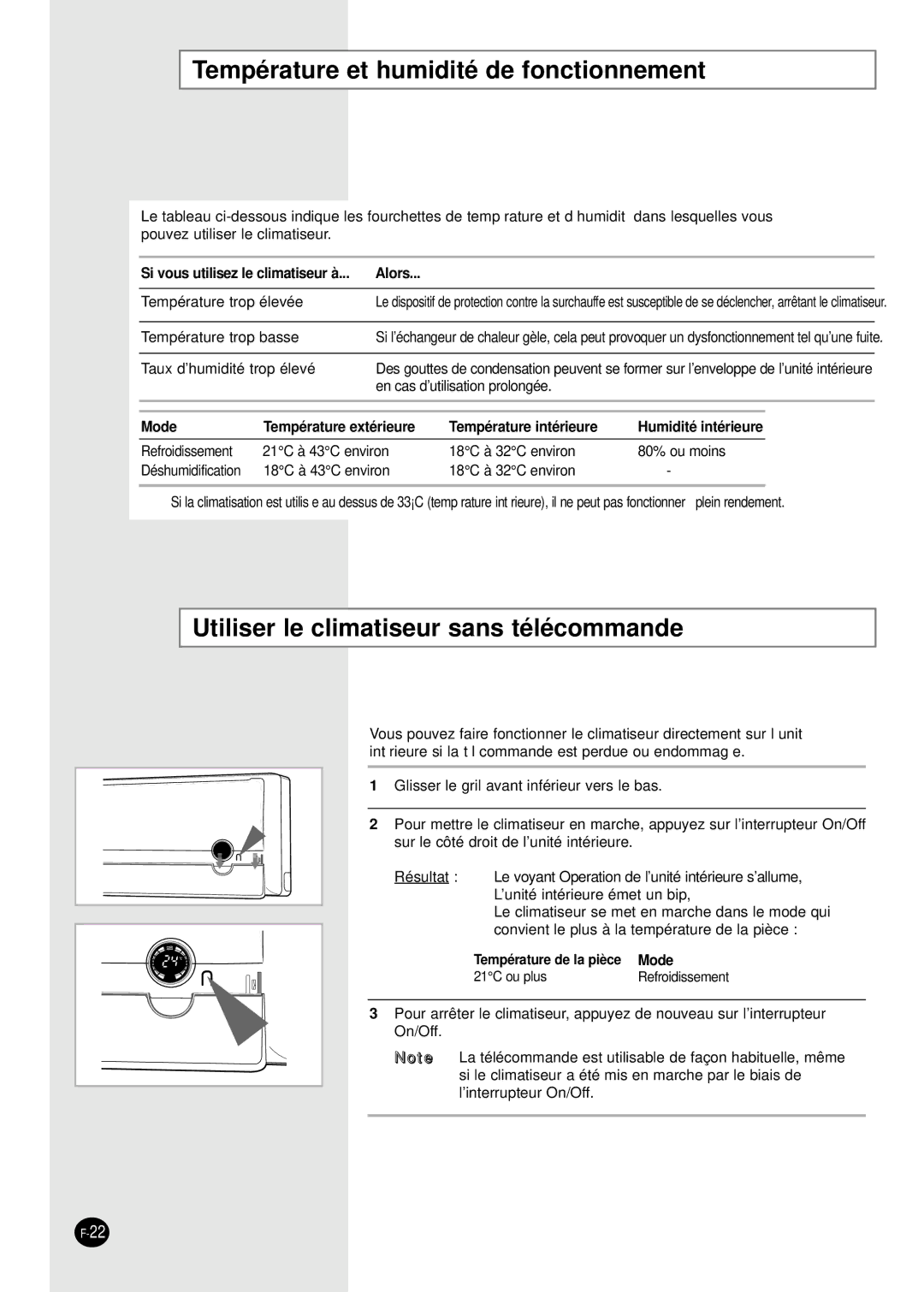 Samsung SC09APGDX, SC07APGD, SC18AP0DX Température et humidité de fonctionnement, Utiliser le climatiseur sans télécommande 