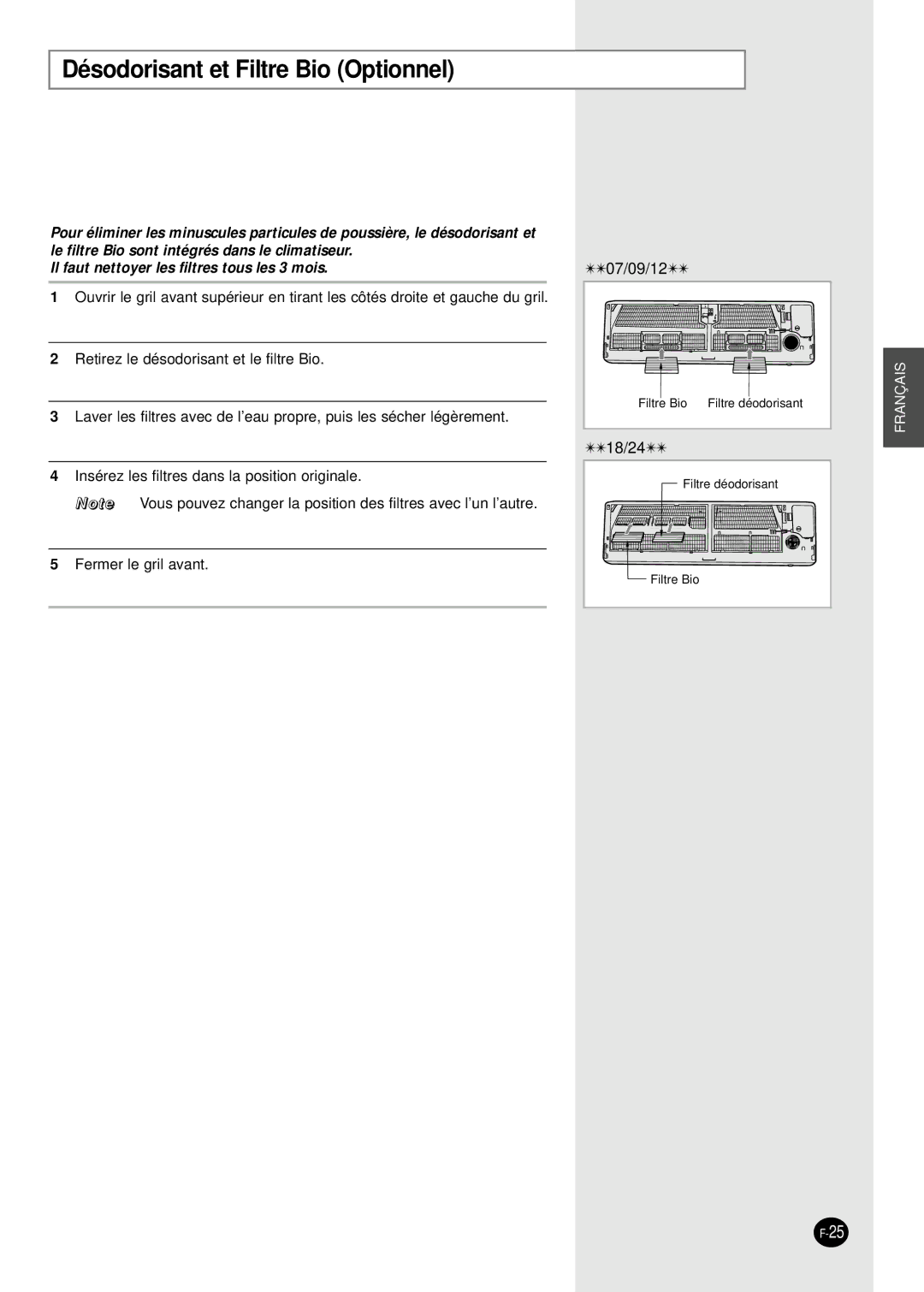 Samsung SC24AP6, SC18AP0DX, SC12APGDX, SC09APGDX, SC07APGDX manual Désodorisant et Filtre Bio Optionnel 