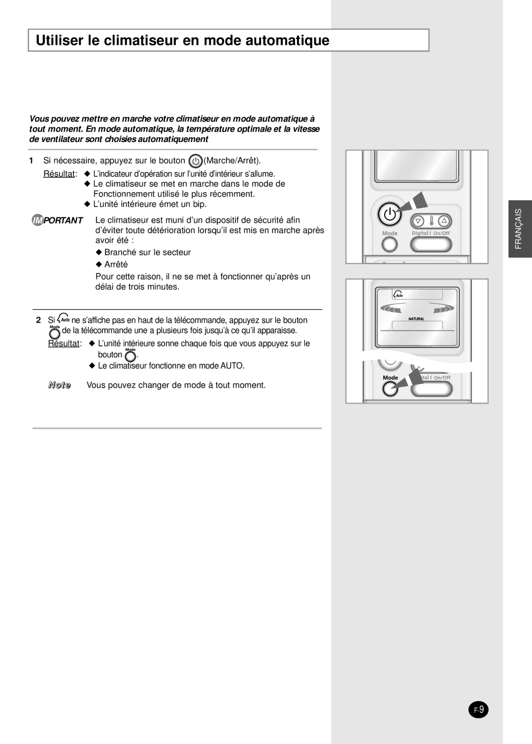 Samsung SC18AP0DX, SC12APGDX, SC09APGDX, SC07APGDX, SC24AP6 manual Utiliser le climatiseur en mode automatique 