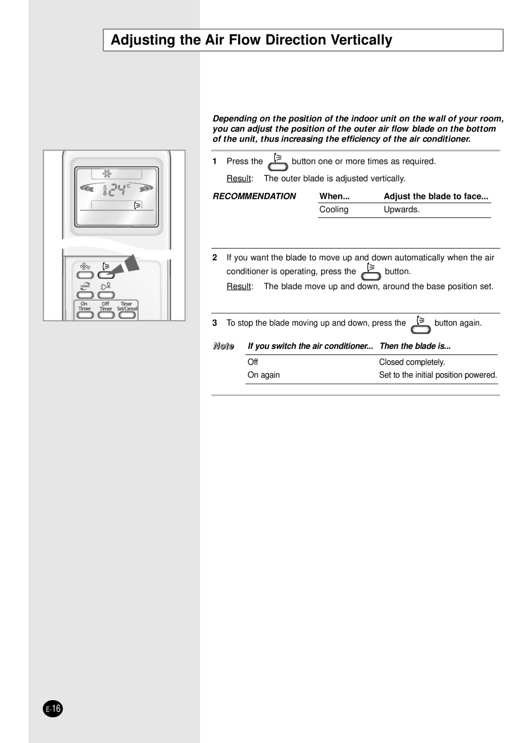 Samsung SC09APGDX, SC18AP0DX, SC12APGDX, SC07APGDX, SC24AP6 Adjusting the Air Flow Direction Vertically, Recommendation 