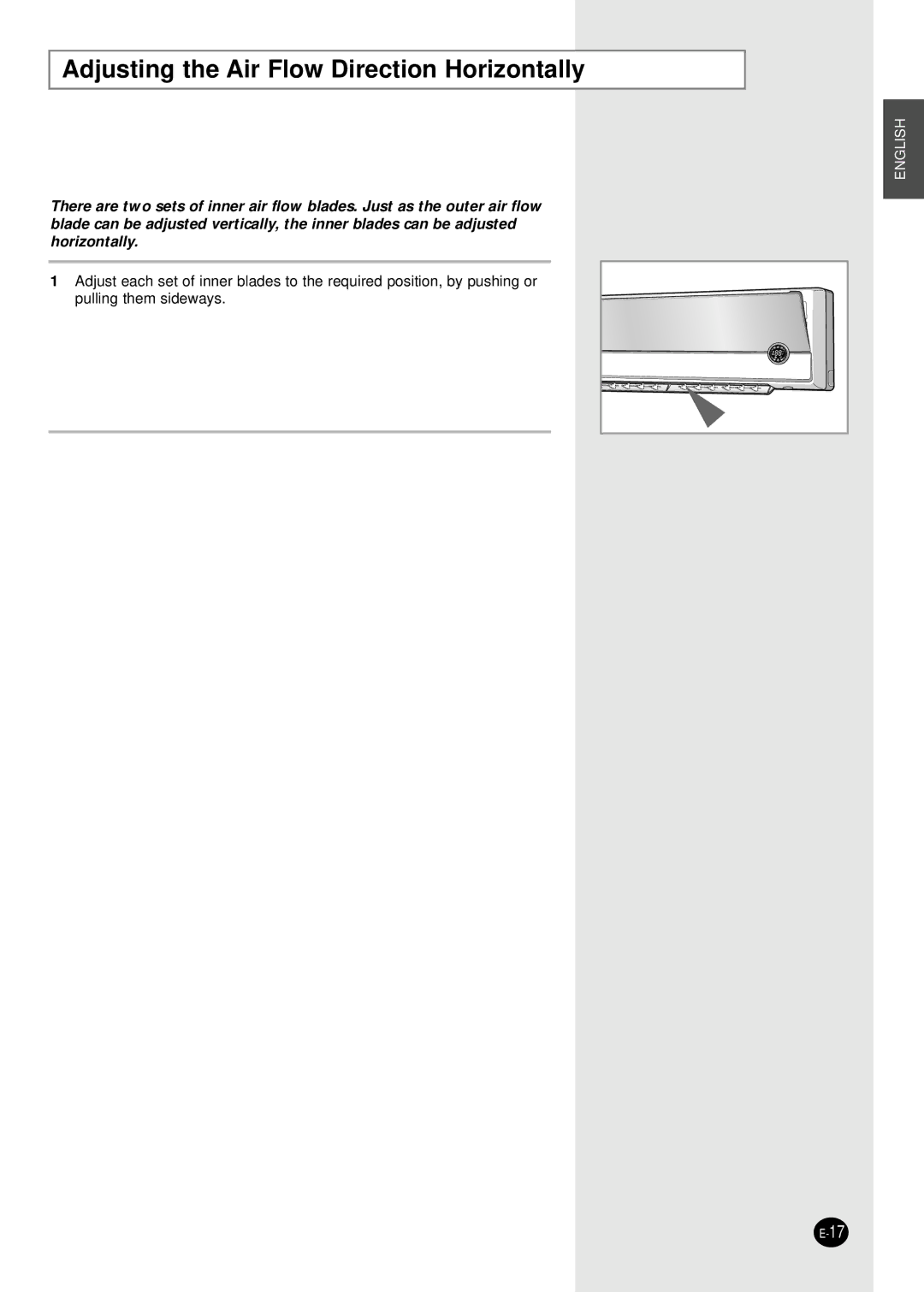 Samsung SC07APGDX, SC18AP0DX, SC12APGDX, SC09APGDX, SC24AP6, SC18ZPJX manual Adjusting the Air Flow Direction Horizontally 