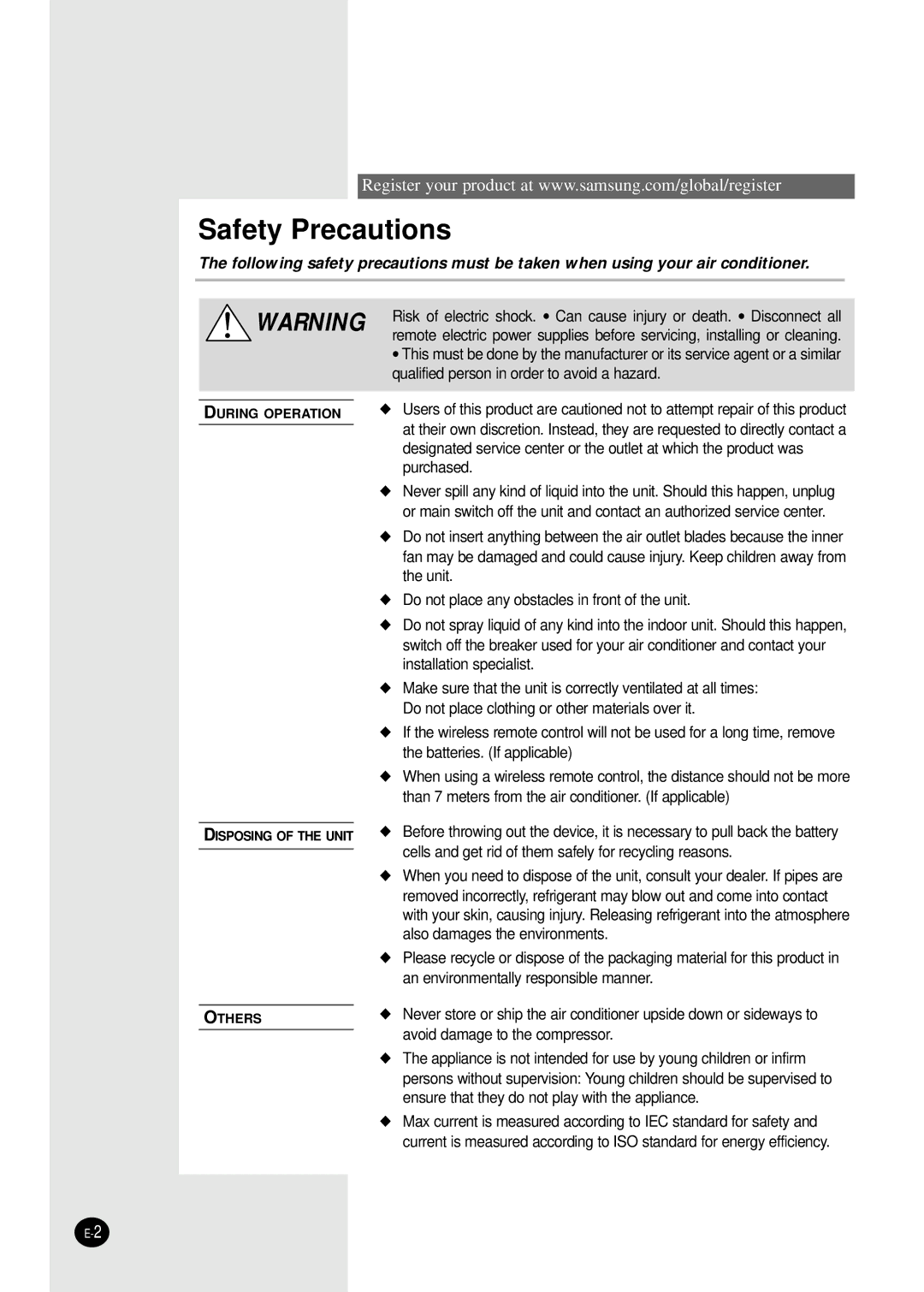 Samsung SC12APGDX, SC18AP0DX, SC09APGDX, SC07APGDX, SC24AP6, SC18ZPJX manual Safety Precautions 