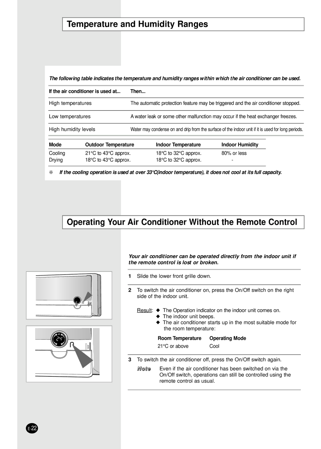 Samsung SC18ZPJ, SC07APGD manual Temperature and Humidity Ranges, Operating Your Air Conditioner Without the Remote Control 