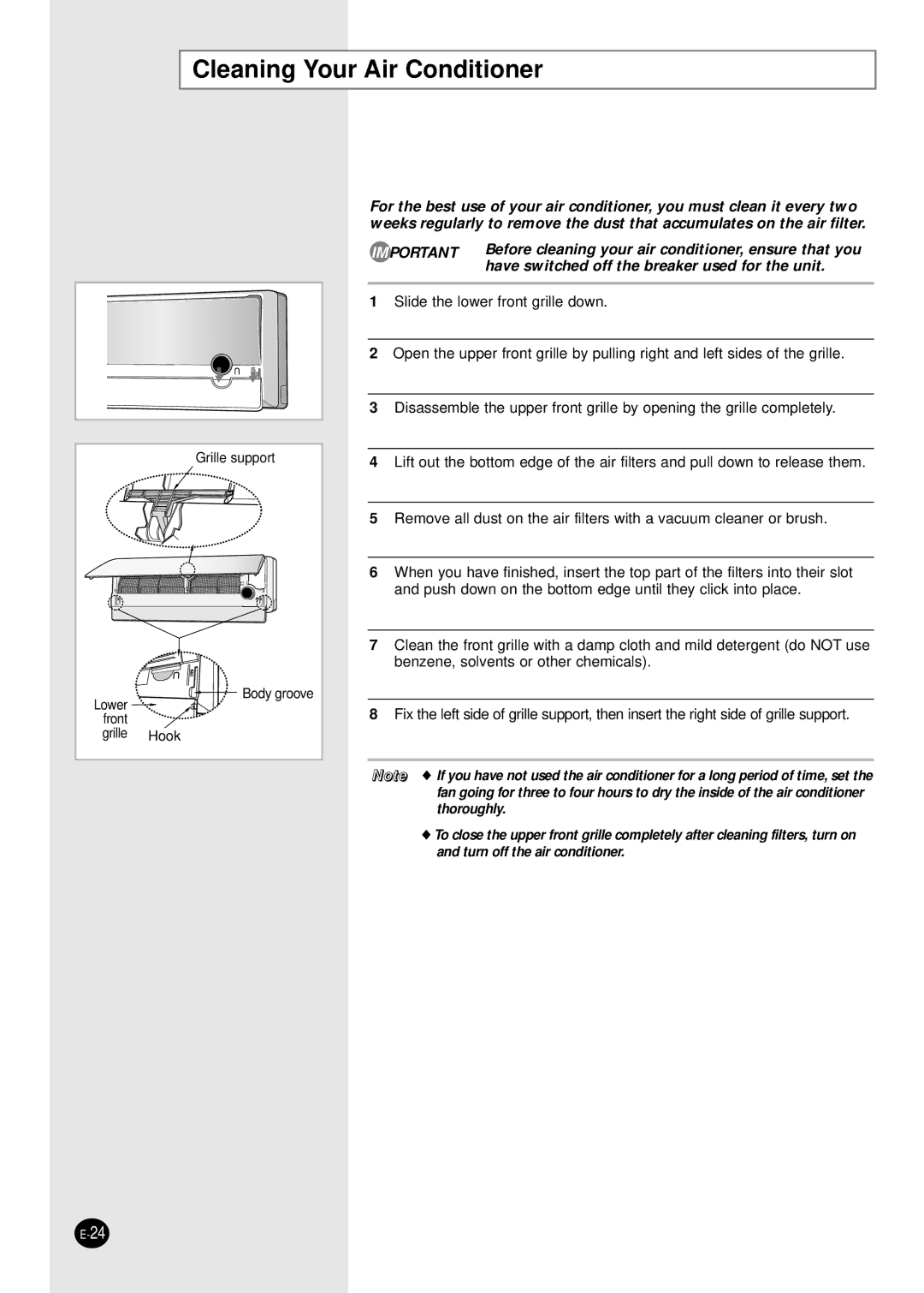 Samsung SC18AP0DX, SC12APGDX, SC09APGDX, SC07APGDX, SC24AP6, SC18ZPJX manual Cleaning Your Air Conditioner 