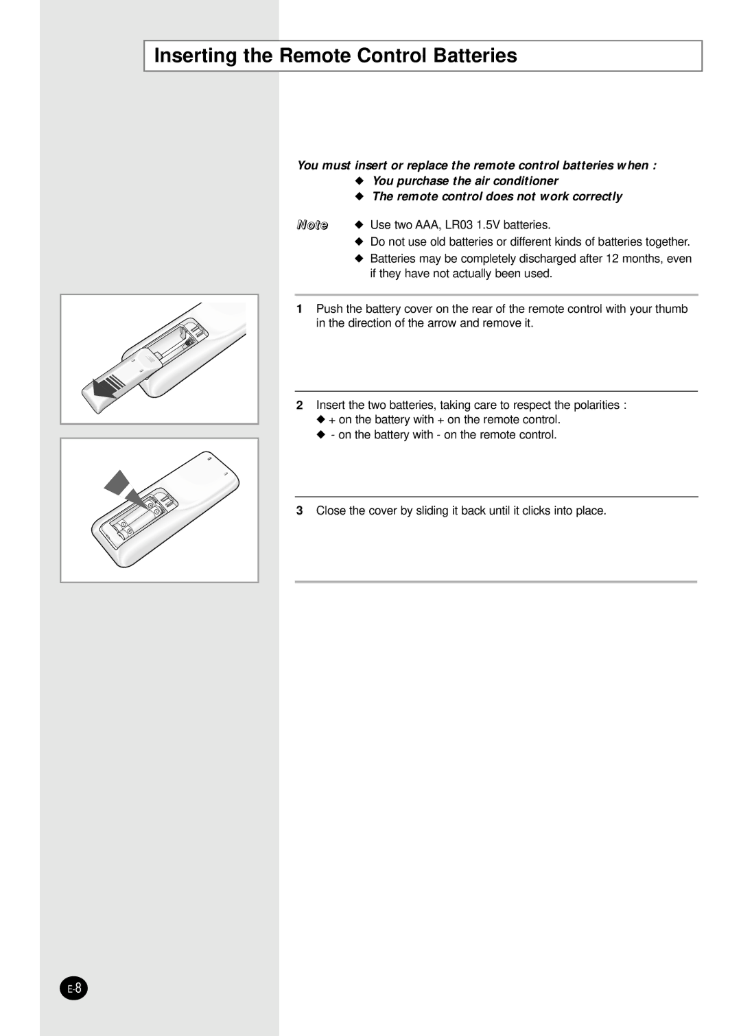 Samsung SC18AP0DX, SC12APGDX, SC09APGDX, SC07APGDX, SC24AP6, SC18ZPJX manual Inserting the Remote Control Batteries 