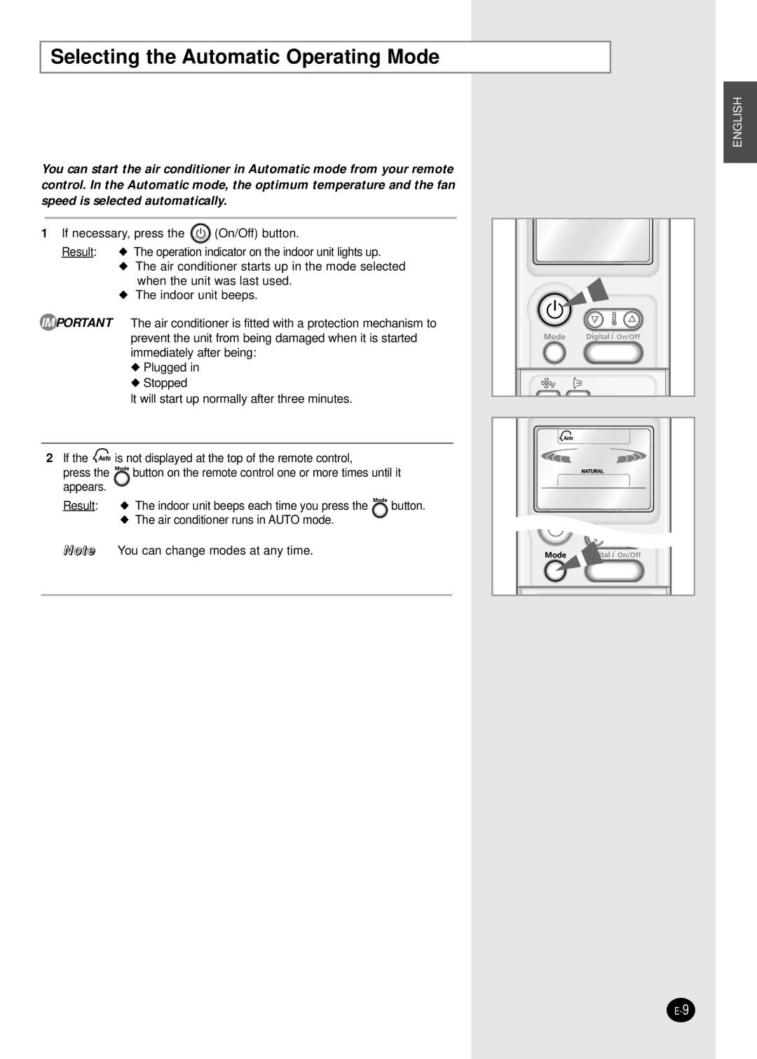 Samsung SC18AP0DX, SC12APGDX, SC09APGDX, SC07APGDX, SC24AP6, SC18ZPJX manual Selecting the Automatic Operating Mode 