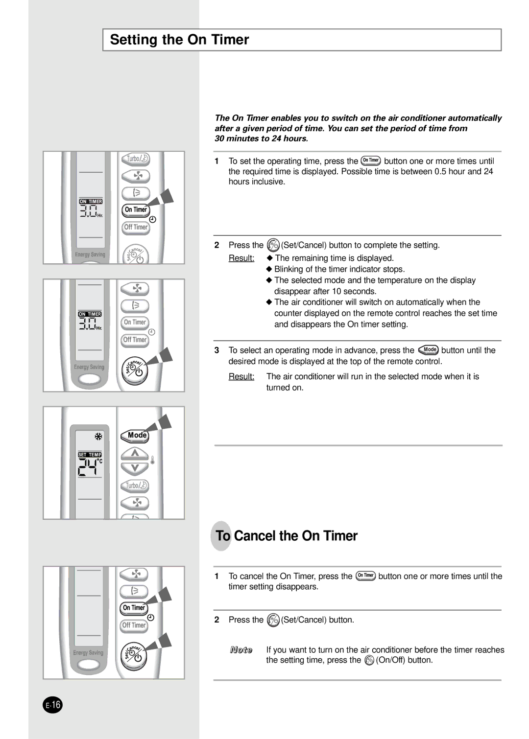 Samsung SC07AS2A manual Setting the On Timer, To Cancel the On Timer 