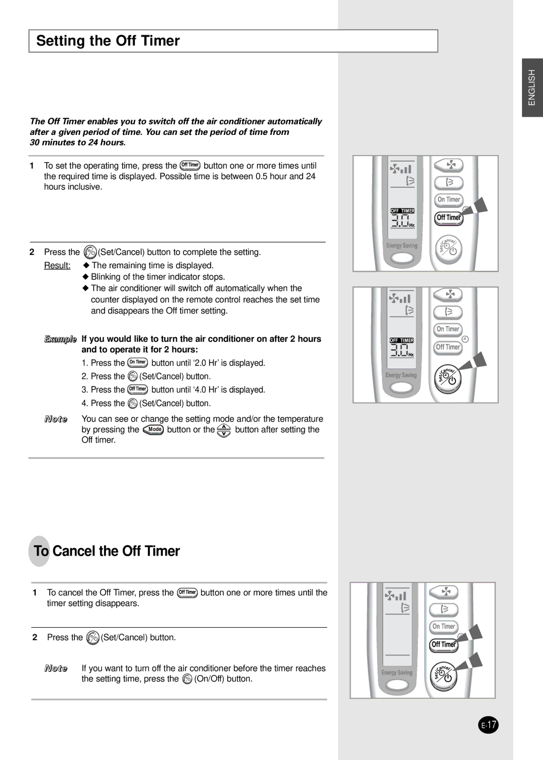 Samsung SC07AS2A manual Setting the Off Timer, To Cancel the Off Timer 