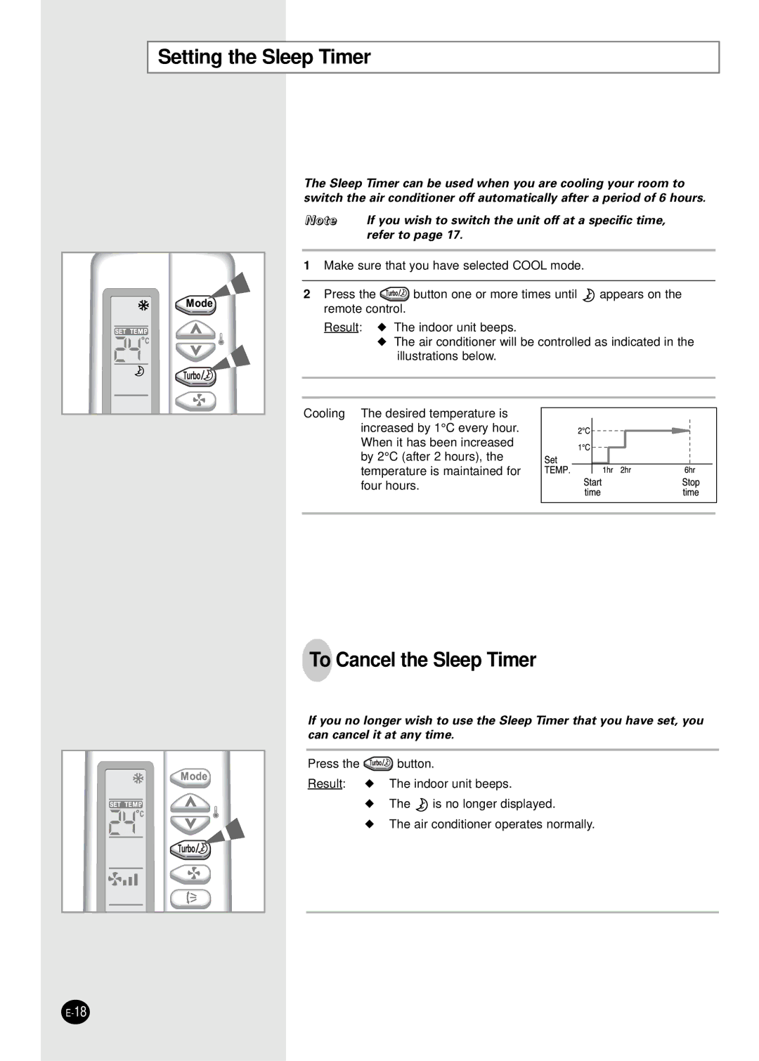 Samsung SC07AS2A manual Setting the Sleep Timer, To Cancel the Sleep Timer 