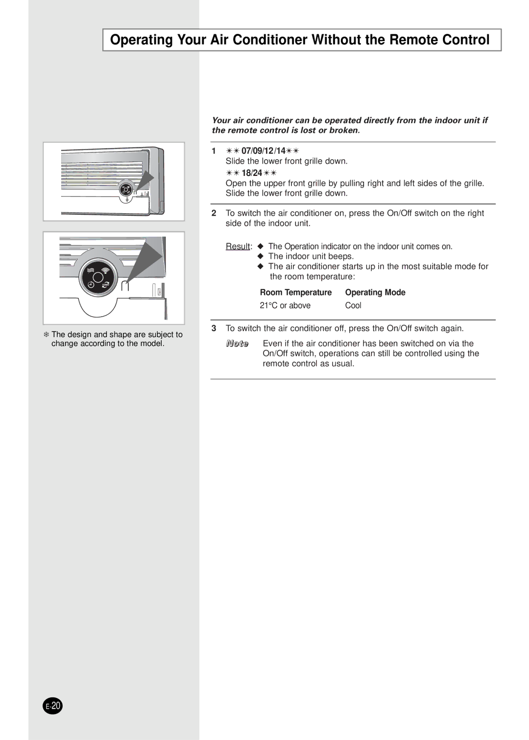 Samsung SC07AS2A manual Operating Your Air Conditioner Without the Remote Control, 07/09/12/14 