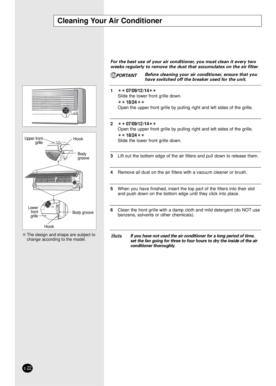 Samsung SC07AS2A manual Cleaning Your Air Conditioner, 07/09/12/14 