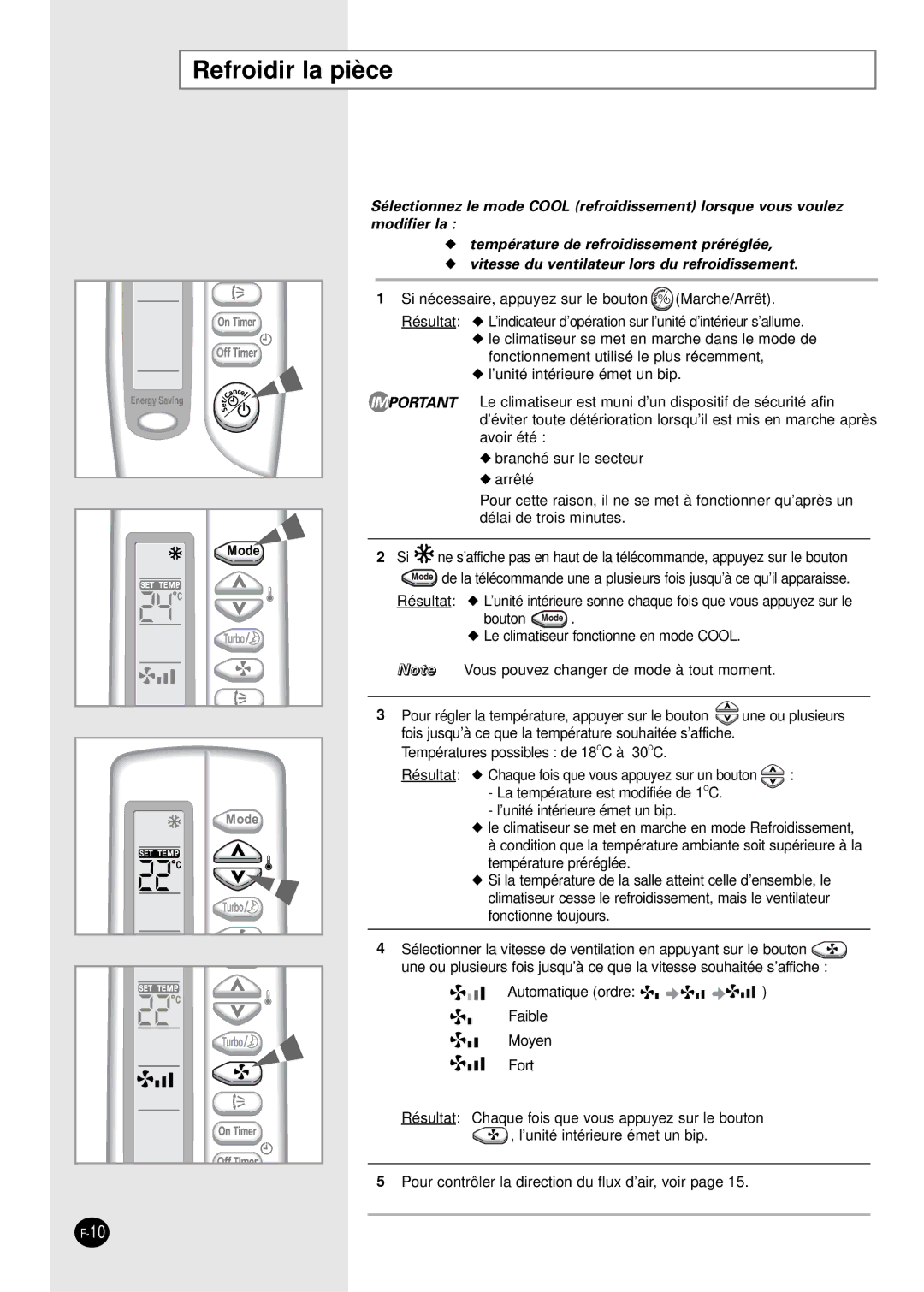 Samsung SC07AS2A manual Refroidir la pièce 