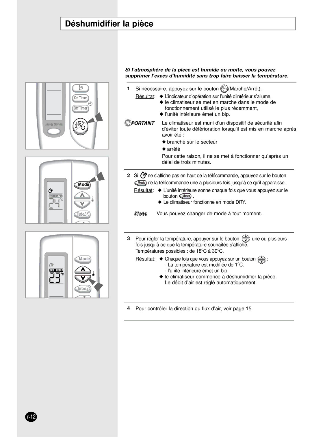 Samsung SC07AS2A manual Déshumidifier la pièce 