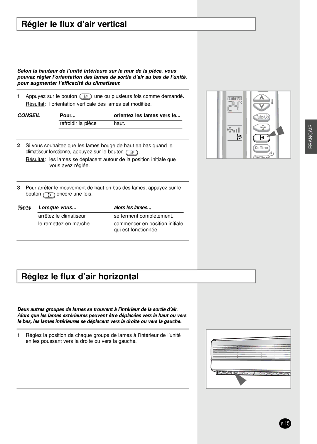 Samsung SC07AS2A manual Régler le flux d’air vertical, Réglez le flux d’air horizontal 