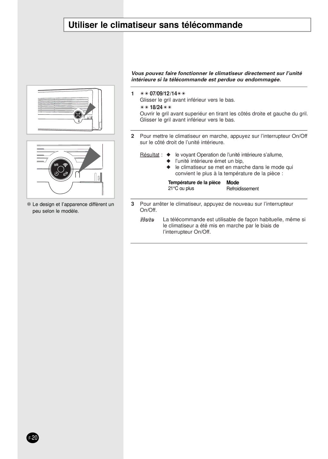 Samsung SC07AS2A manual Utiliser le climatiseur sans télécommande, 07/09/12/14 