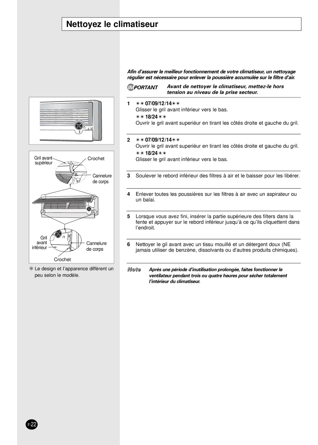 Samsung SC07AS2A manual Nettoyez le climatiseur, 07/09/12/14 