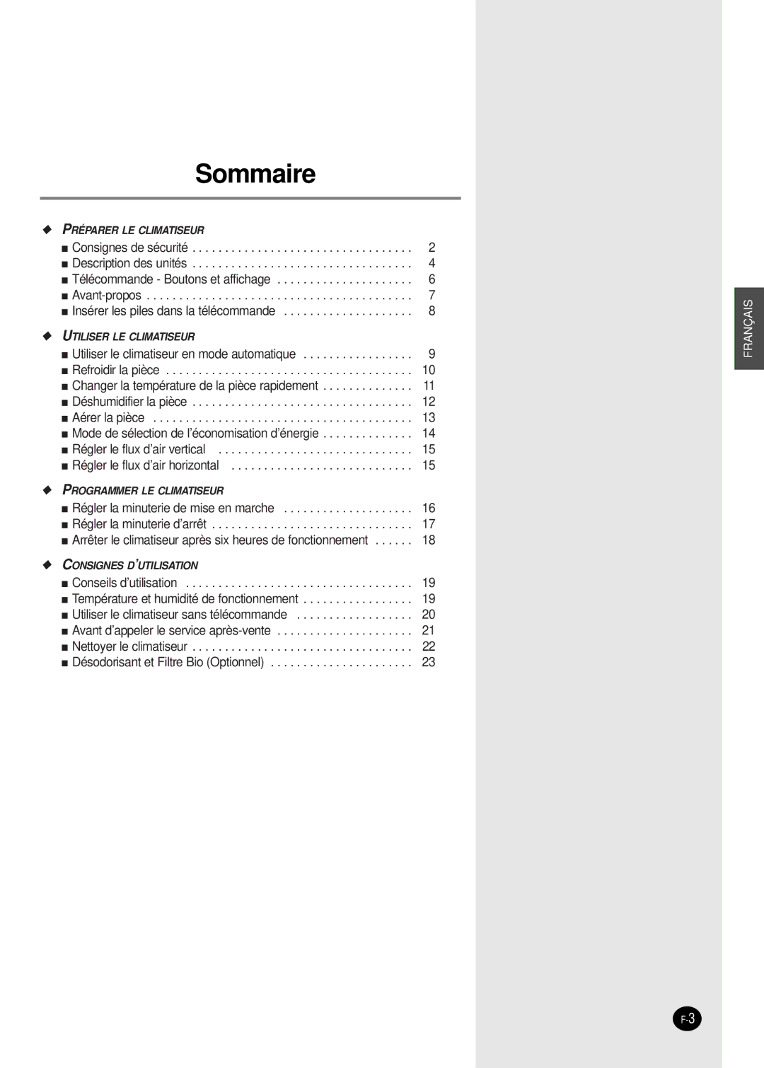 Samsung SC07AS2A manual Sommaire 