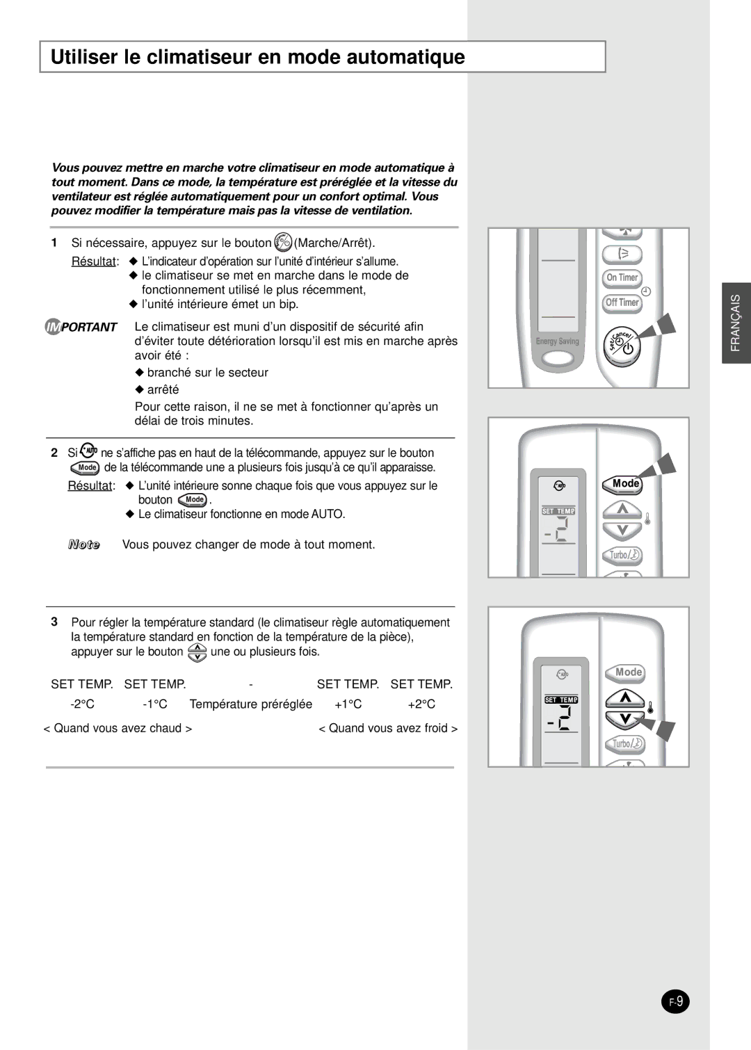 Samsung SC07AS2A manual Utiliser le climatiseur en mode automatique 