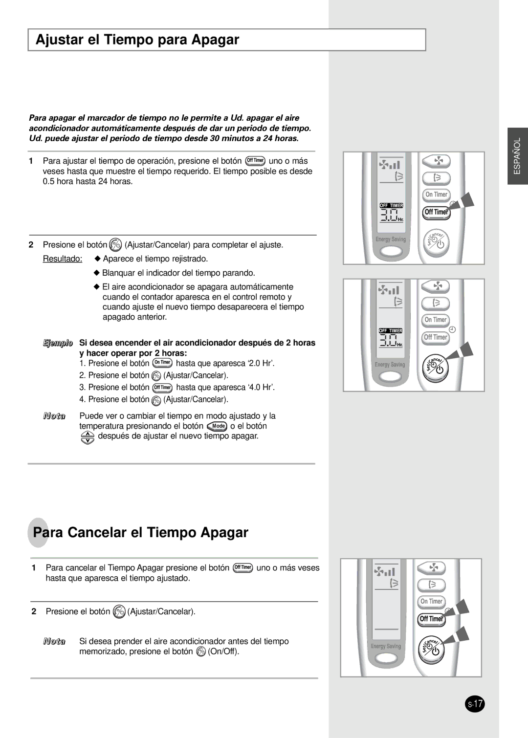 Samsung SC07AS2A manual Ajustar el Tiempo para Apagar, Para Cancelar el Tiempo Apagar 