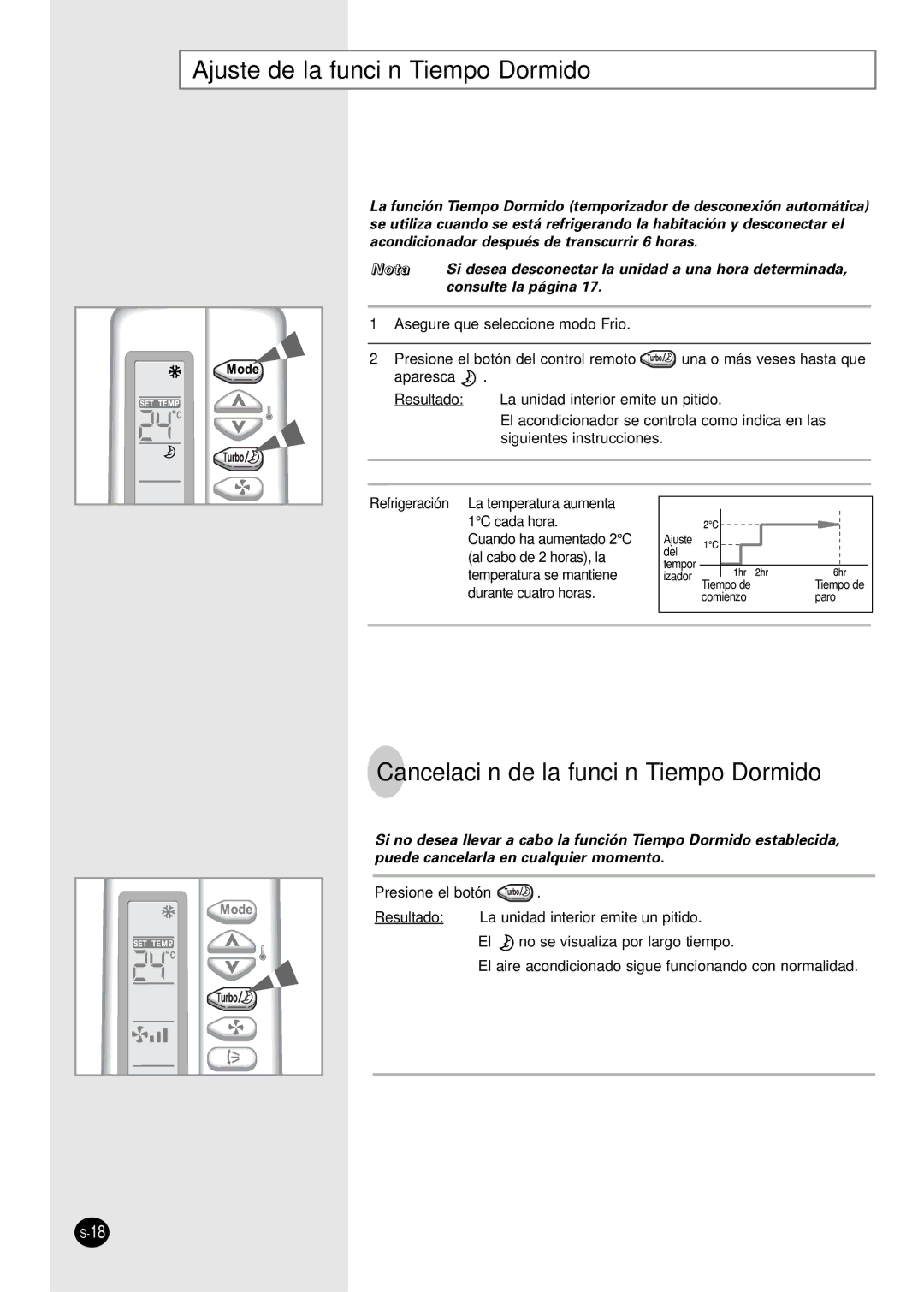 Samsung SC07AS2A manual Ajuste de la función Tiempo Dormido, Cancelación de la función Tiempo Dormido 