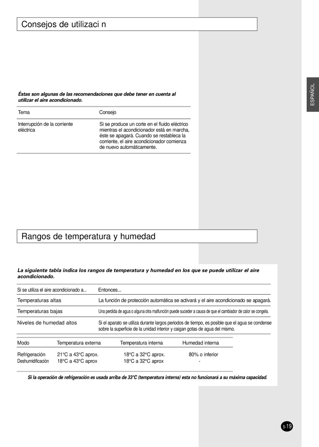 Samsung SC07AS2A manual Consejos de utilización, Rangos de temperatura y humedad 