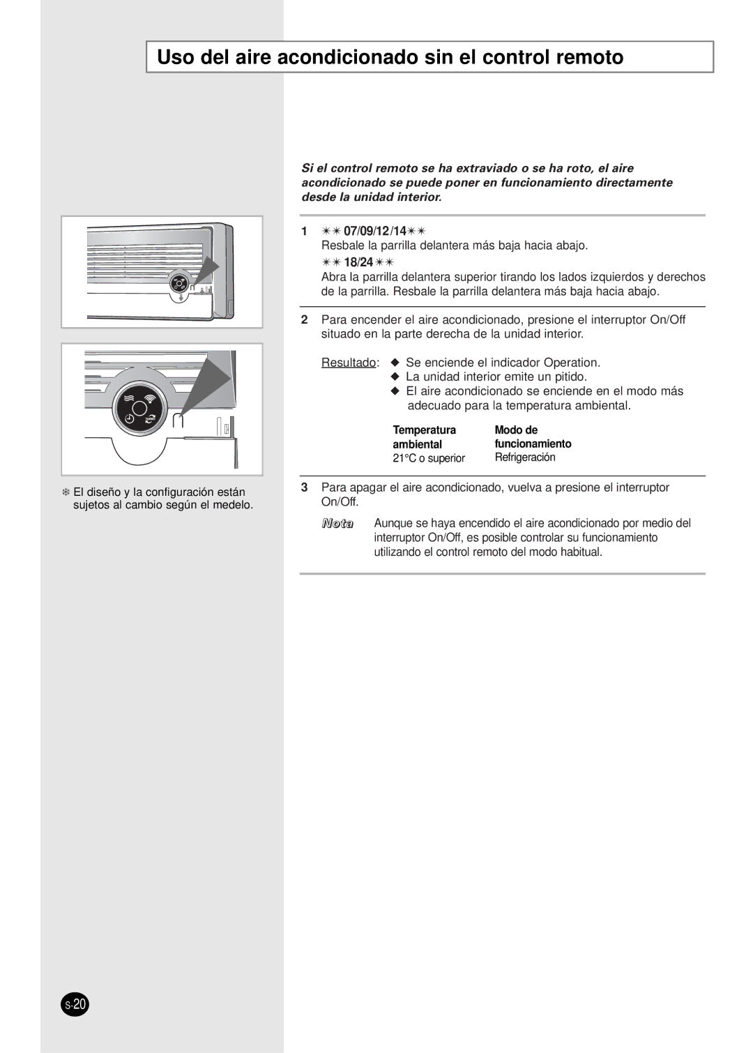 Samsung SC07AS2A manual Uso del aire acondicionado sin el control remoto, 07/09/12/14 