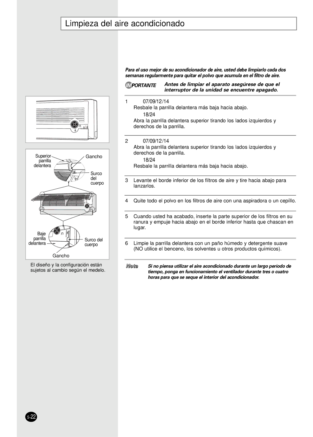 Samsung SC07AS2A manual Limpieza del aire acondicionado, 07/09/12/14 