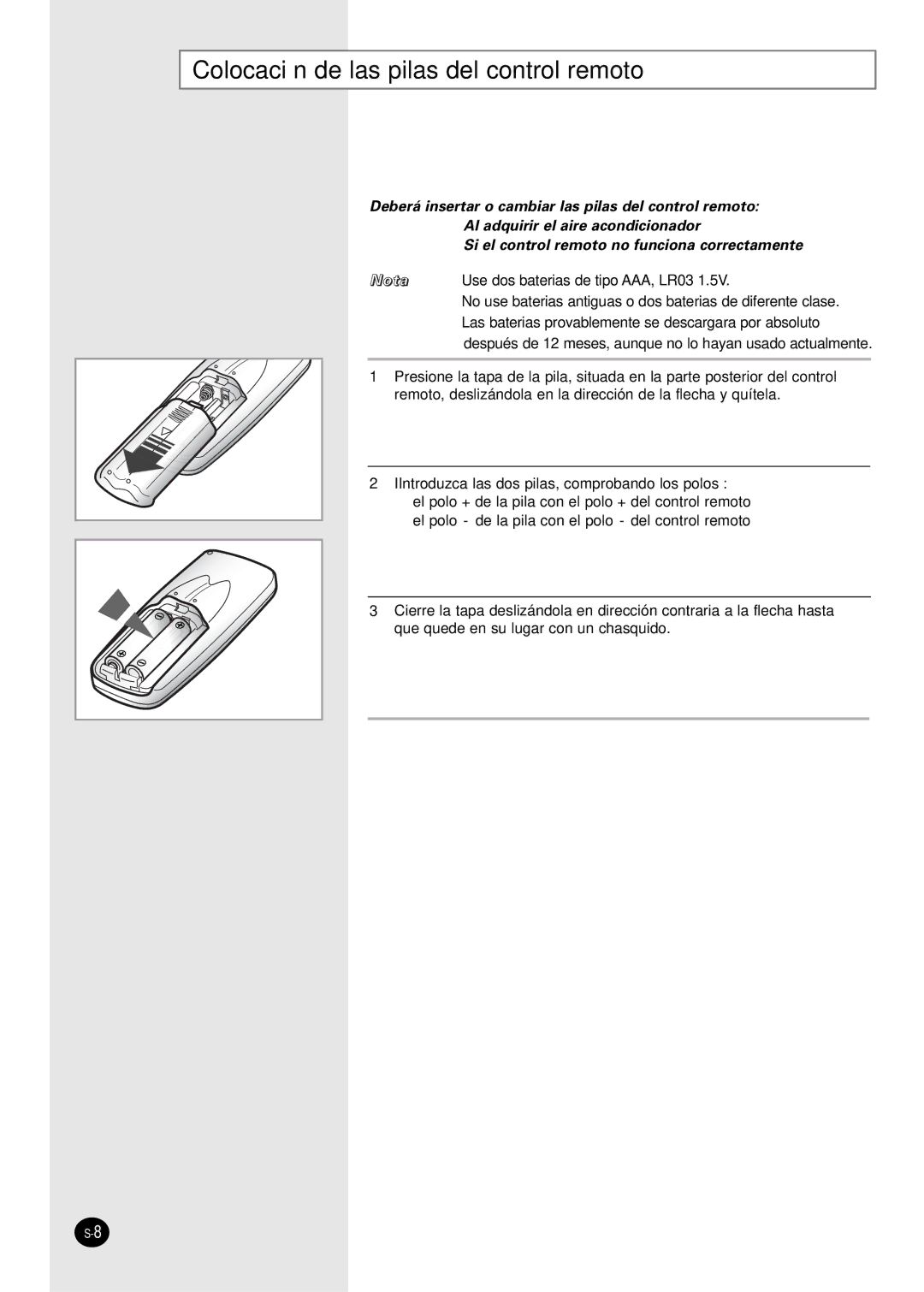 Samsung SC07AS2A manual Colocación de las pilas del control remoto 