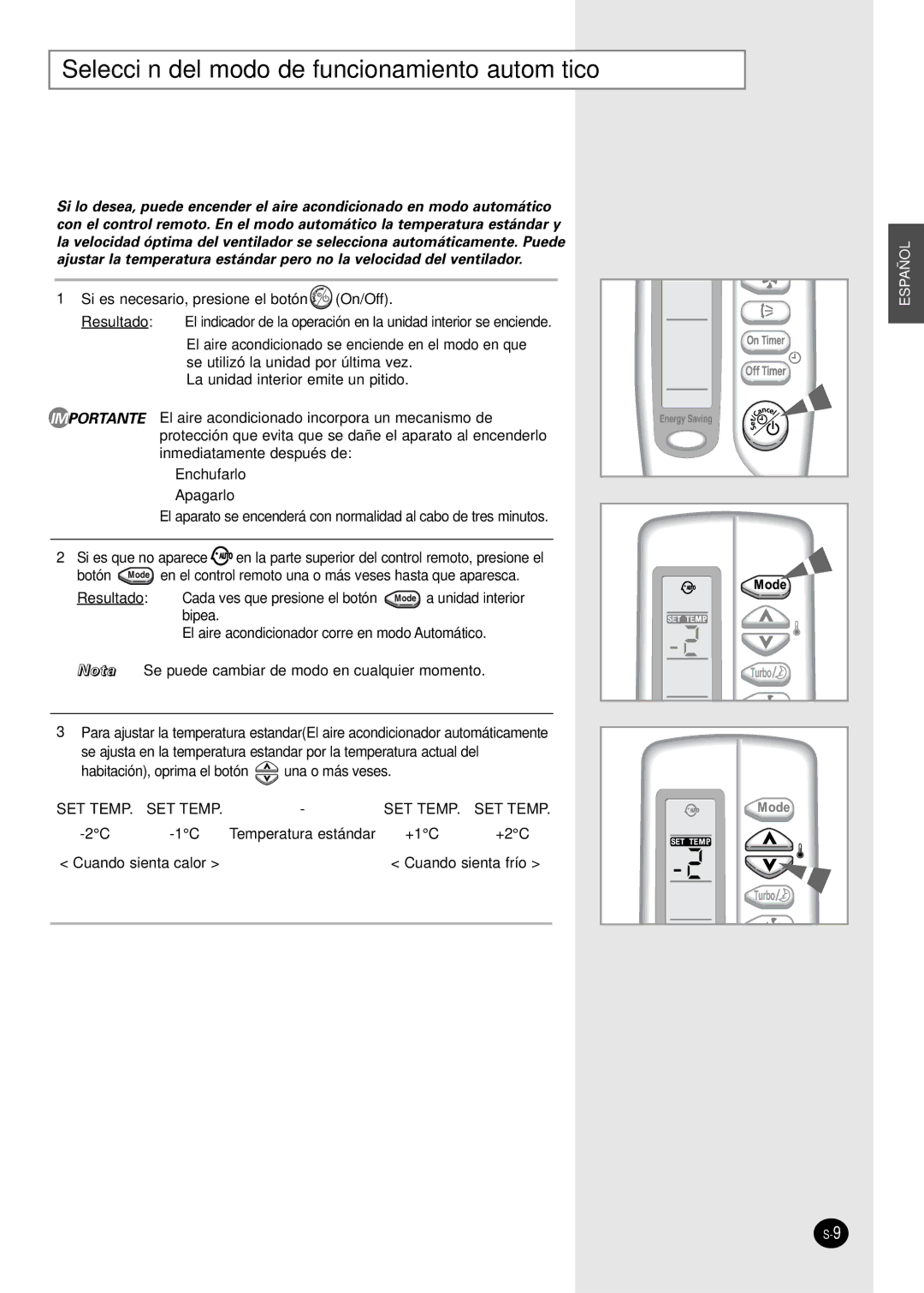 Samsung SC07AS2A manual Selección del modo de funcionamiento automático 