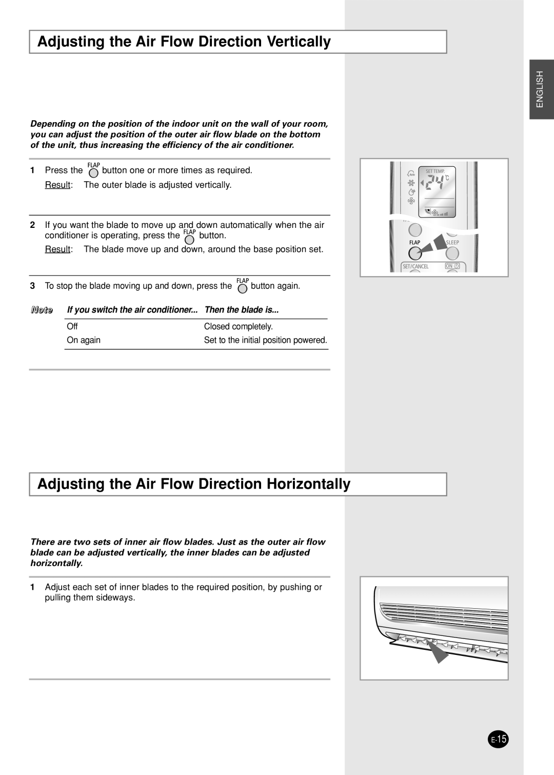 Samsung SC09AWH, SC12AWHX manual Adjusting the Air Flow Direction Vertically, Adjusting the Air Flow Direction Horizontally 