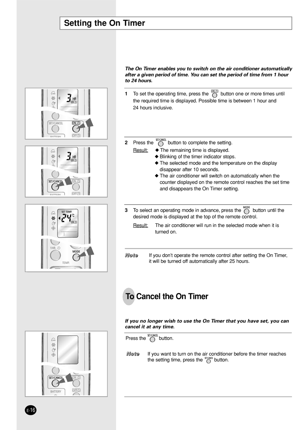 Samsung SC12AWHX, SC09AWHX, SC12ZWH manual Setting the On Timer, To Cancel the On Timer 