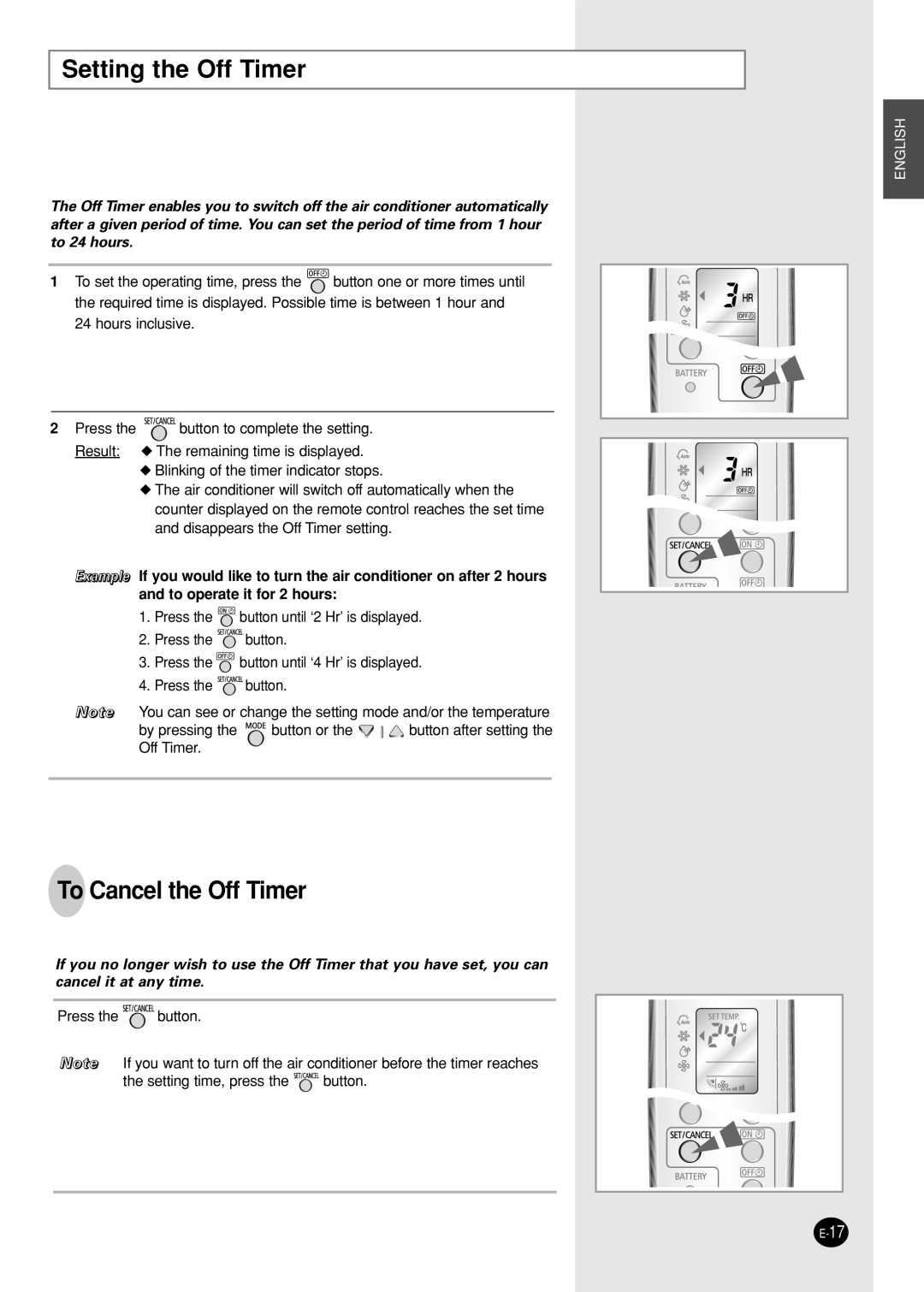 Samsung SC12AWHX, SC09AWHX, SC12ZWH manual Setting the Off Timer, To Cancel the Off Timer 