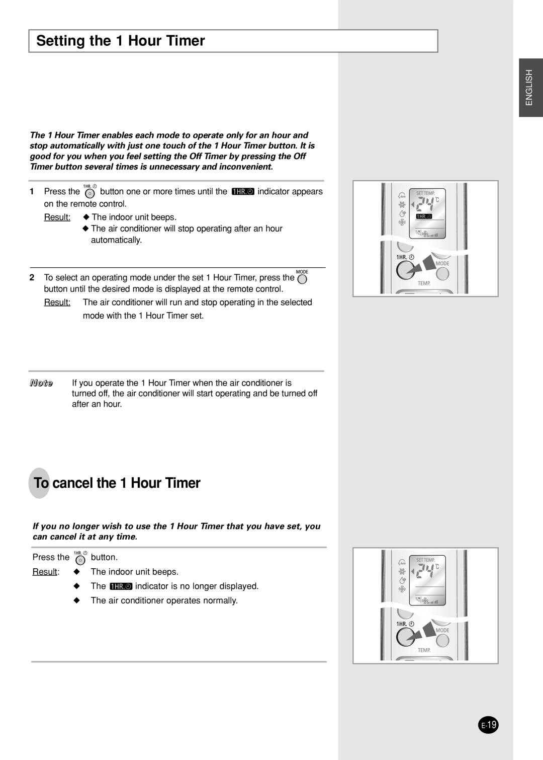 Samsung SC12ZWH, SC12AWHX, SC09AWHX manual Setting the 1 Hour Timer, To cancel the 1 Hour Timer 