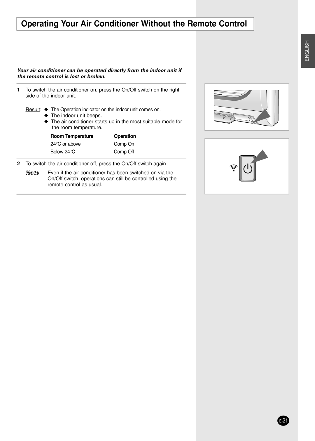 Samsung SC12AWHX, SC09AWHX, SC12ZWH manual Operating Your Air Conditioner Without the Remote Control, Room Temperature 