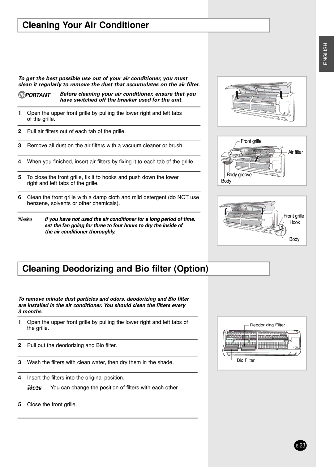 Samsung SC09AWHX, SC12AWHX, SC12ZWH manual Cleaning Your Air Conditioner, Cleaning Deodorizing and Bio filter Option 